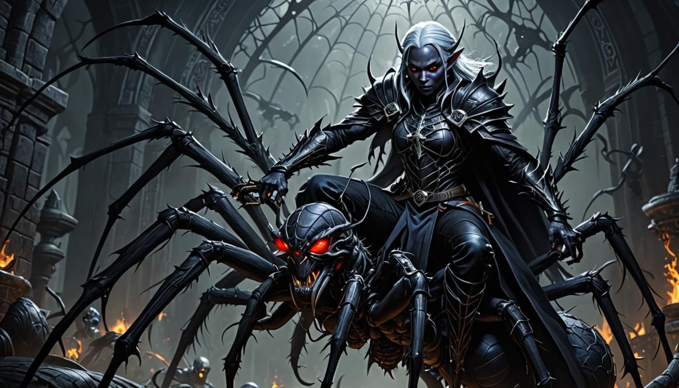 Drow Cleric of Lolth Rides a Spider