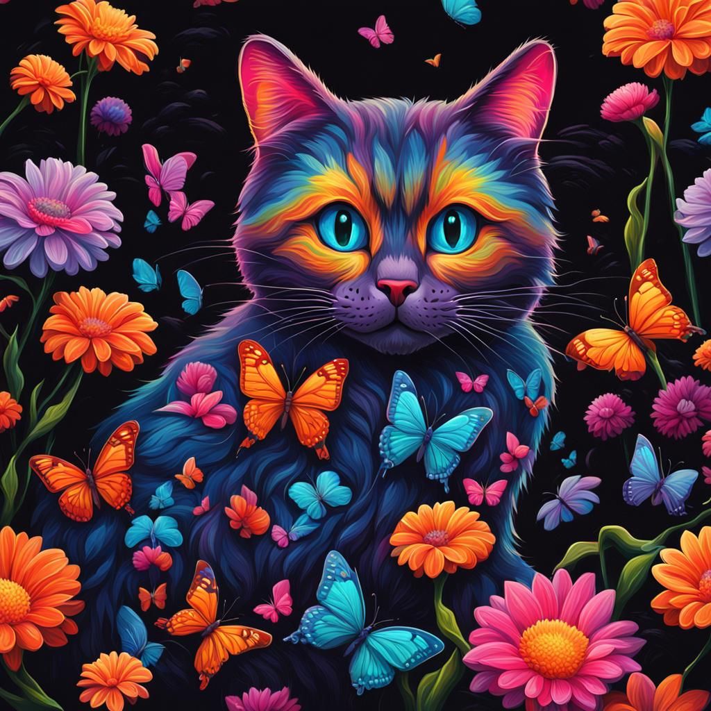 Neon Cat with Flowers and Butterflies