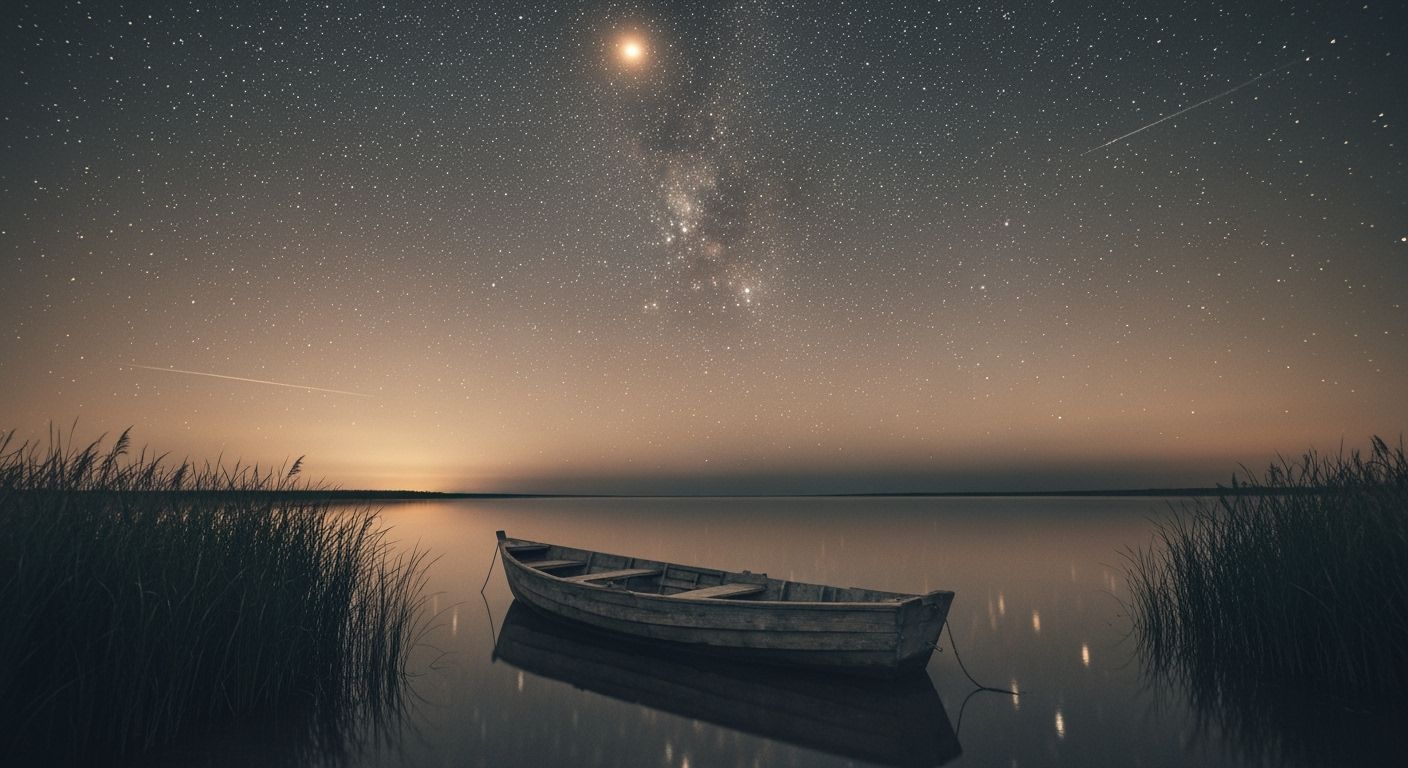 Weathered Boat on Calm Water Under Starry Night Sky