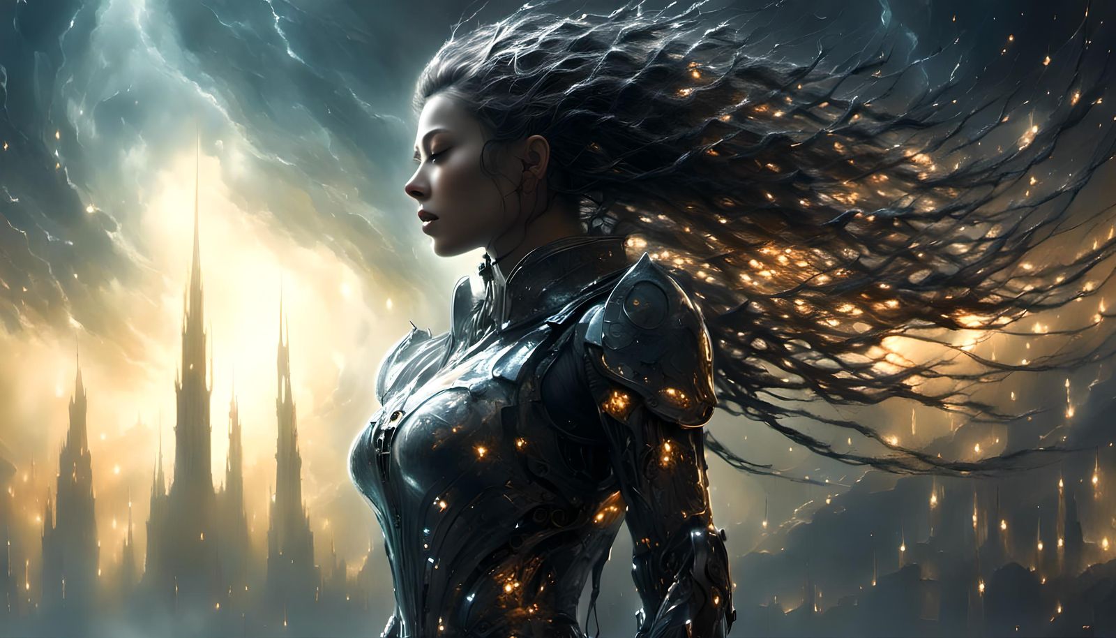 Cyborg Woman in Dark Harbor, Science Fiction Style