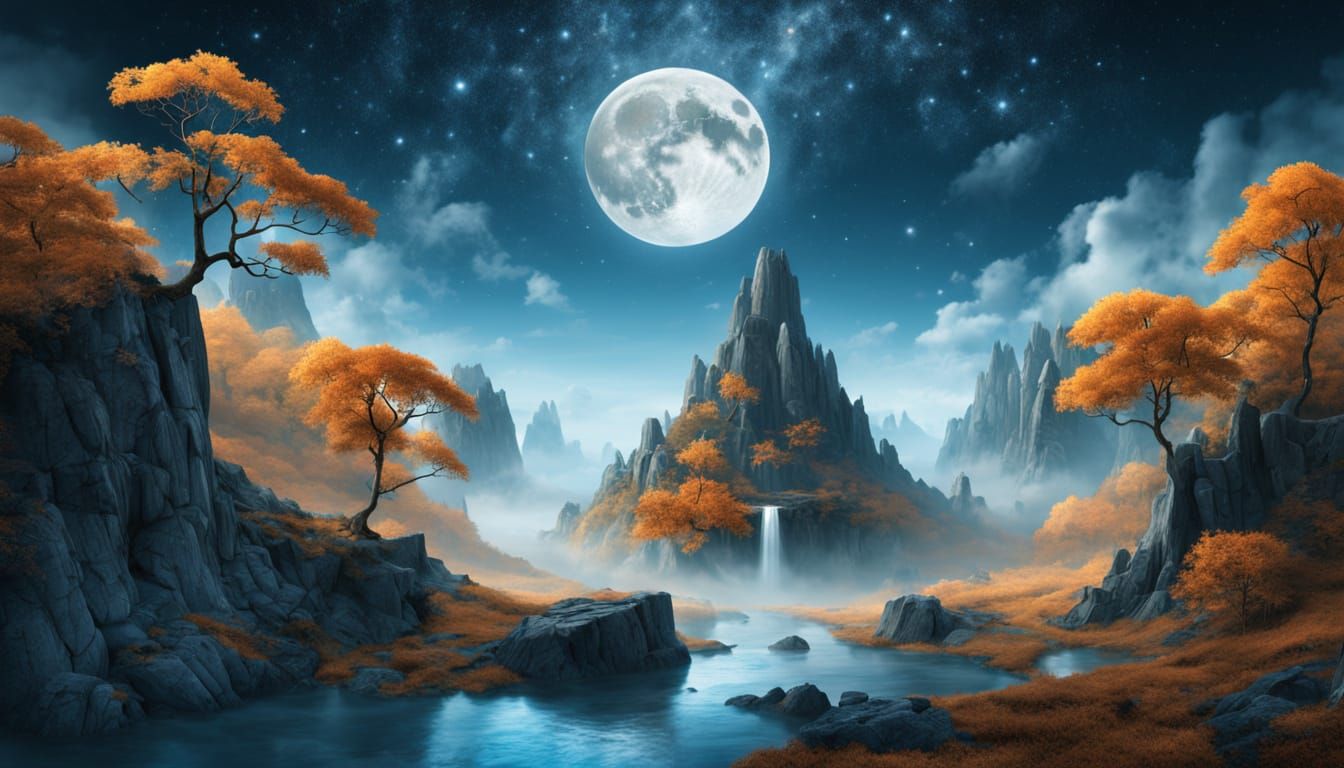 Surreal Floating Cube Frames Autumn Landscape Under Starry S...