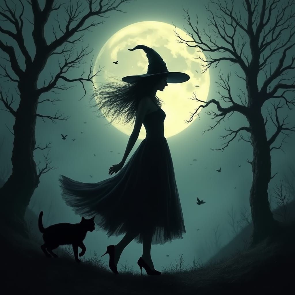 Gothic Witch Silhouette Under Full Moon