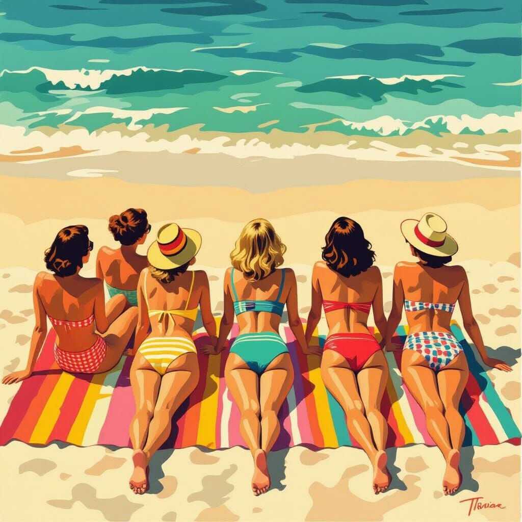 1960s Style Beach Scene with Sunbathers