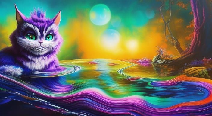 Colorful Cheshire Cat Reflected in Rainbow Lake