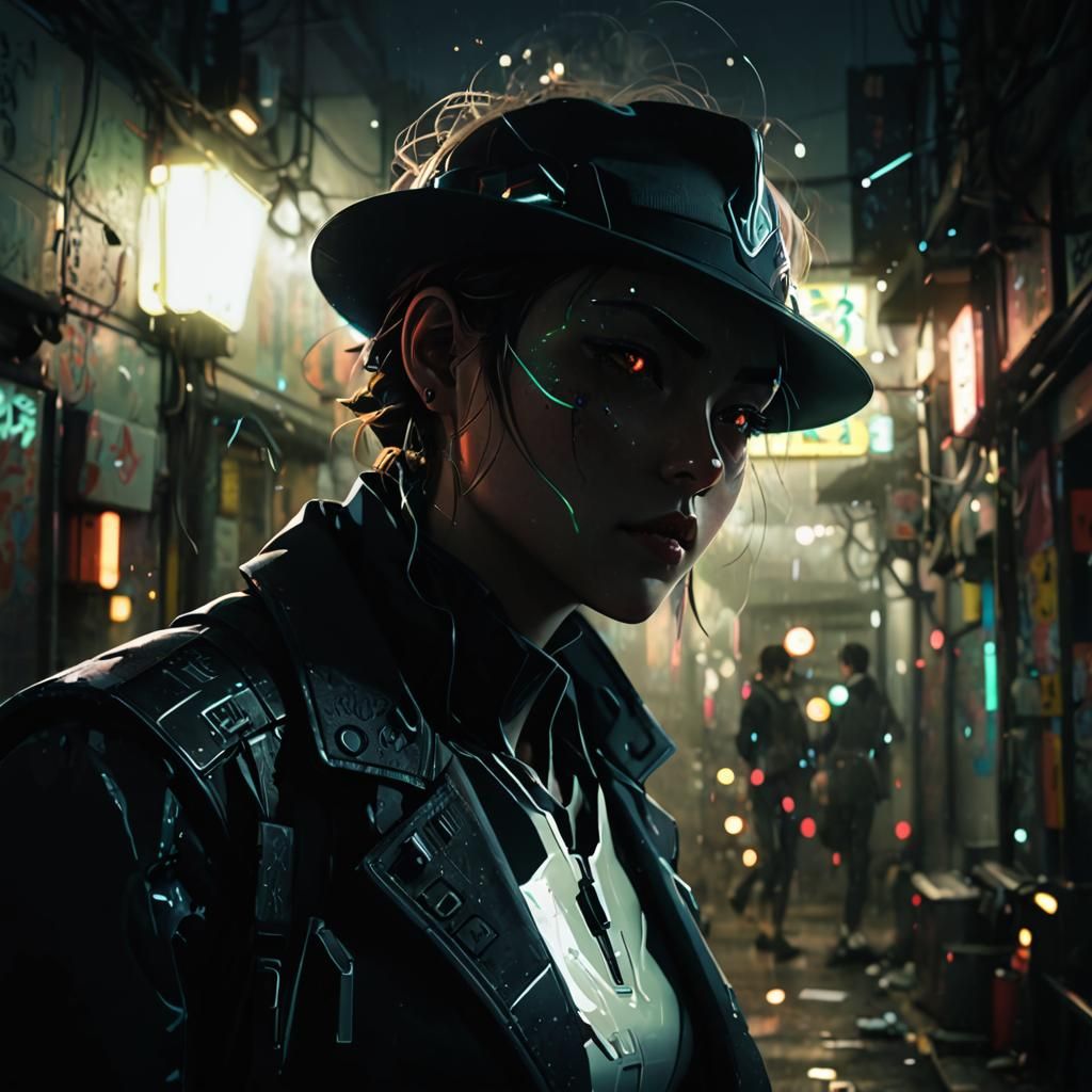 Anime Woman with Gun in Neon Cityscape