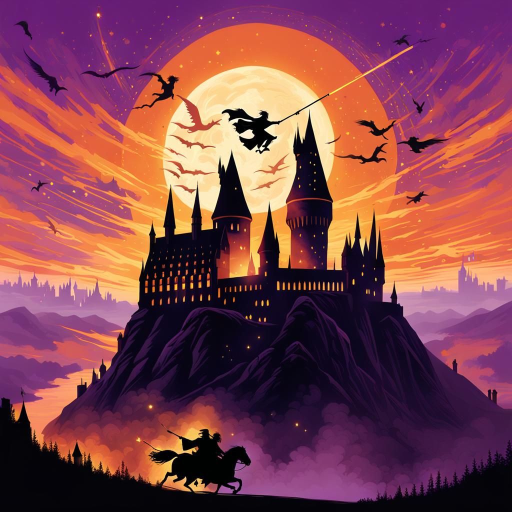 Hogwarts Sunset: Harry Potter on Firebolt