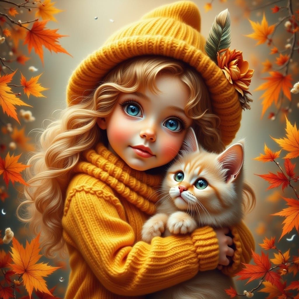 Whimsical Autumn Child Portrait With Cat