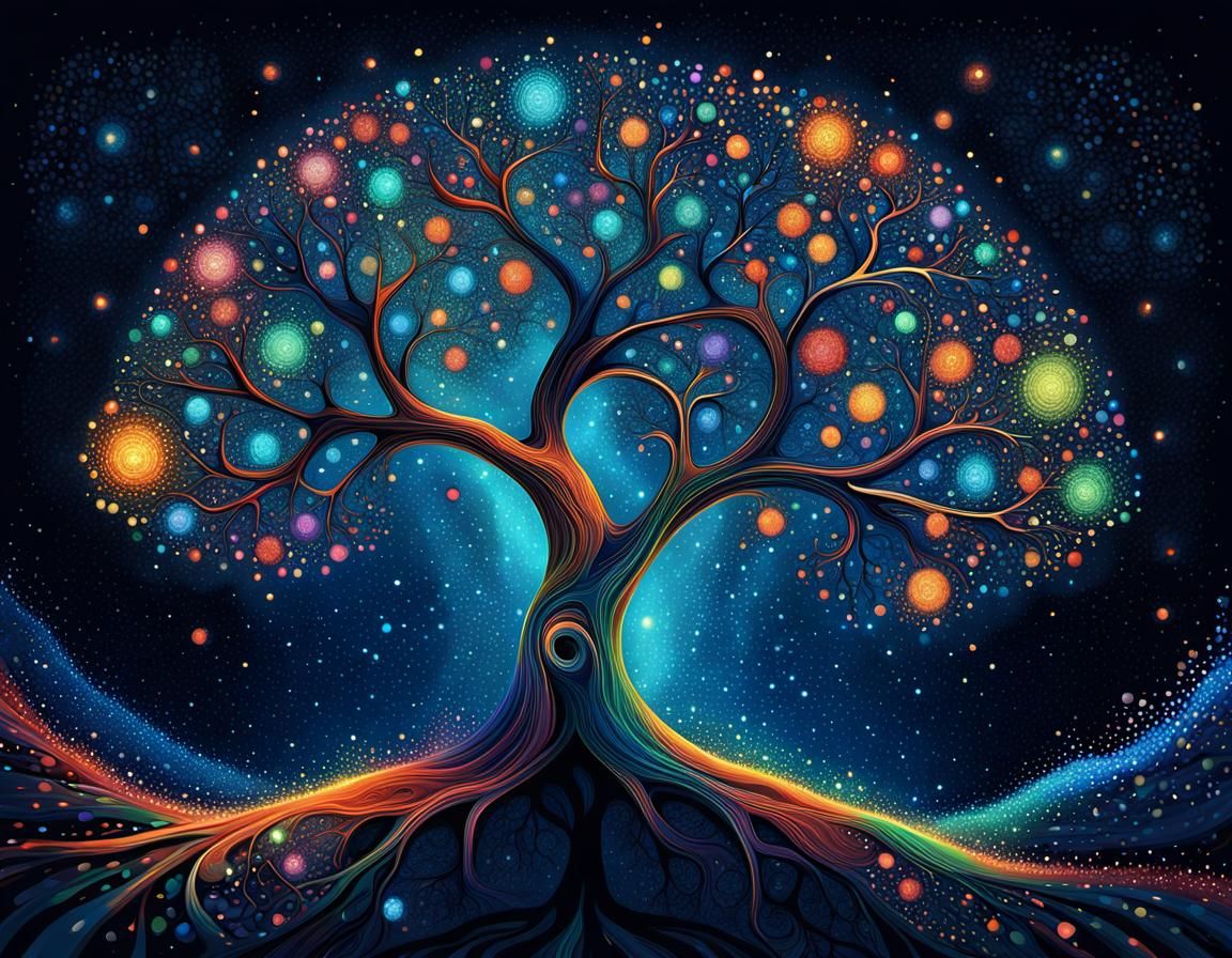Tree of Life Formed from Colored Dots in Fractal Art