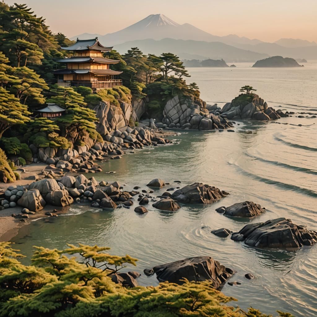 Japanese Coastal Landscape at Sunset, Dreamy Photography