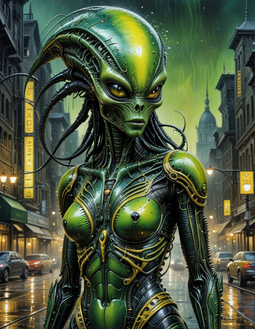 Steampunk Xenomorph in Night City, Oil on Canvas