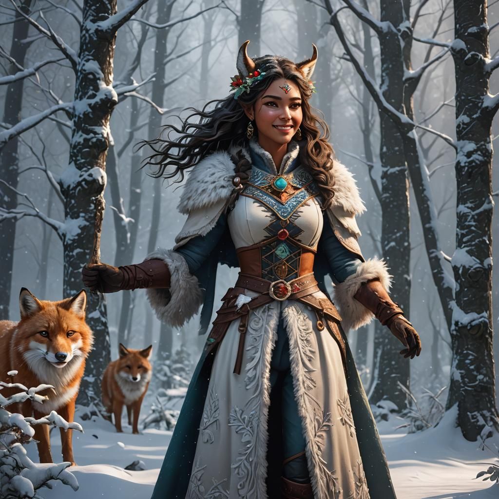 Latina Winter Vixen Protecting Animals in Snowy Forest