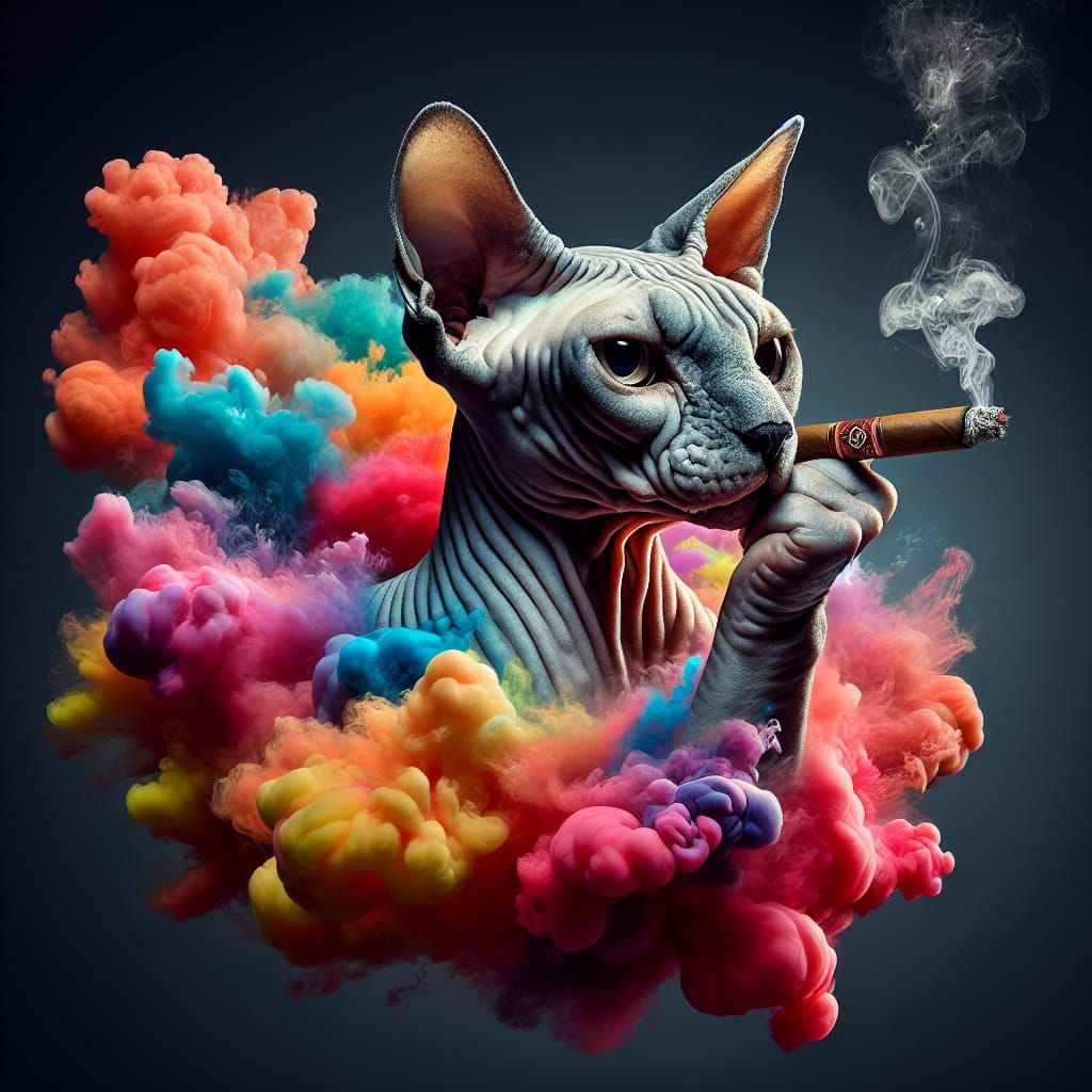 Sphinx Cat Smoking Cigar with Rainbow Background