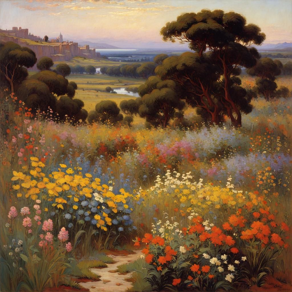 Colorful Wildflower Landscape in Pre-Raphaelite Style