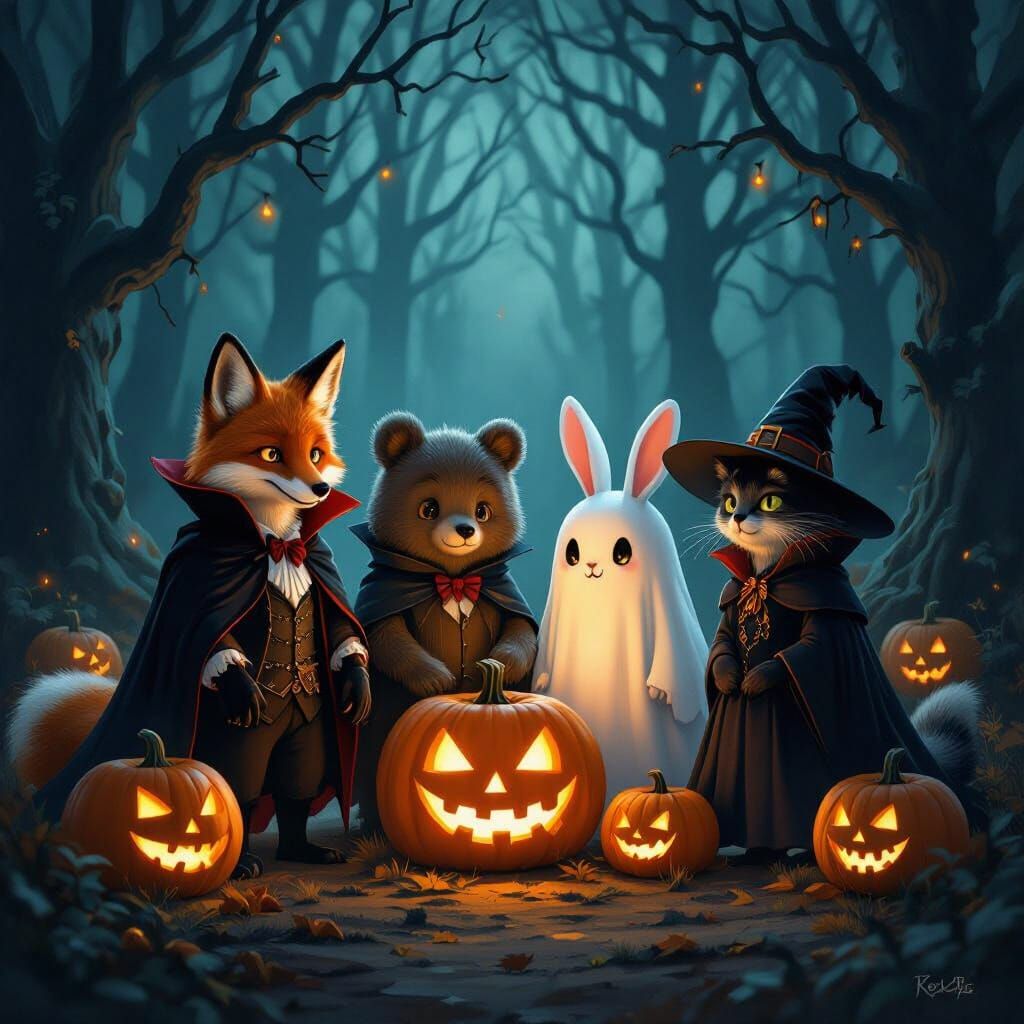 Anthropomorphic Animals in Halloween Costumes in Spooky Fore...