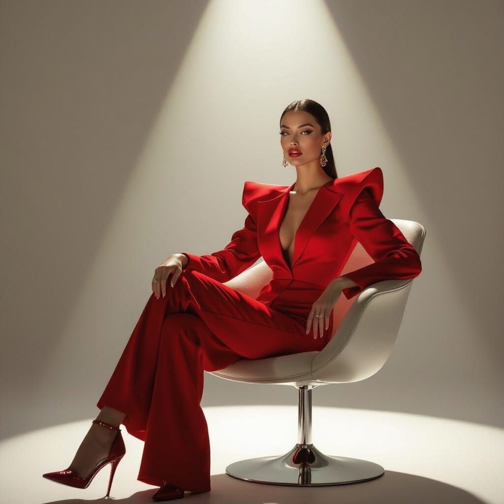 Model in Red Jumpsuit: High-Fashion Studio Portrait