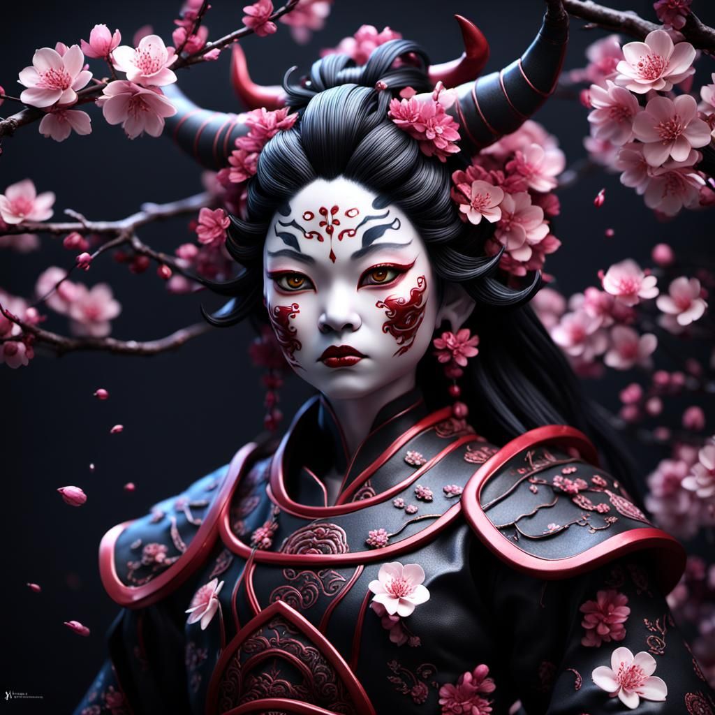 Black Cherry Blossom Oni Doll: Detailed Matte Painting
