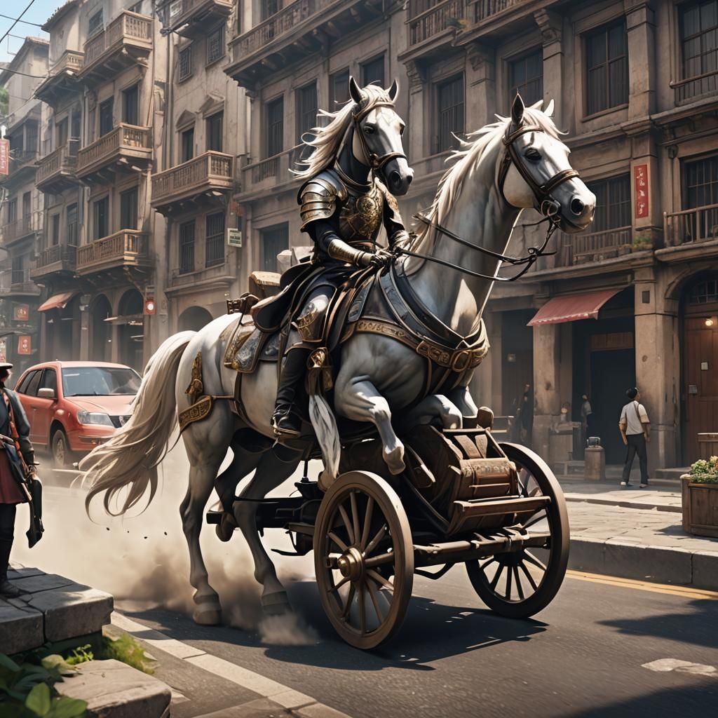 Ancient Horse Drives Car in Futuristic City: 3D Anime Art