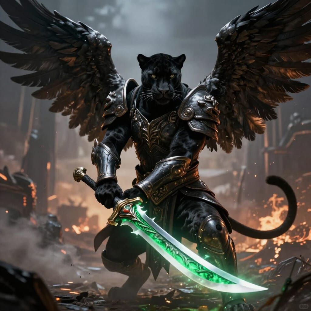 Panther Warrior with Angelic Wings and Dragon Blade