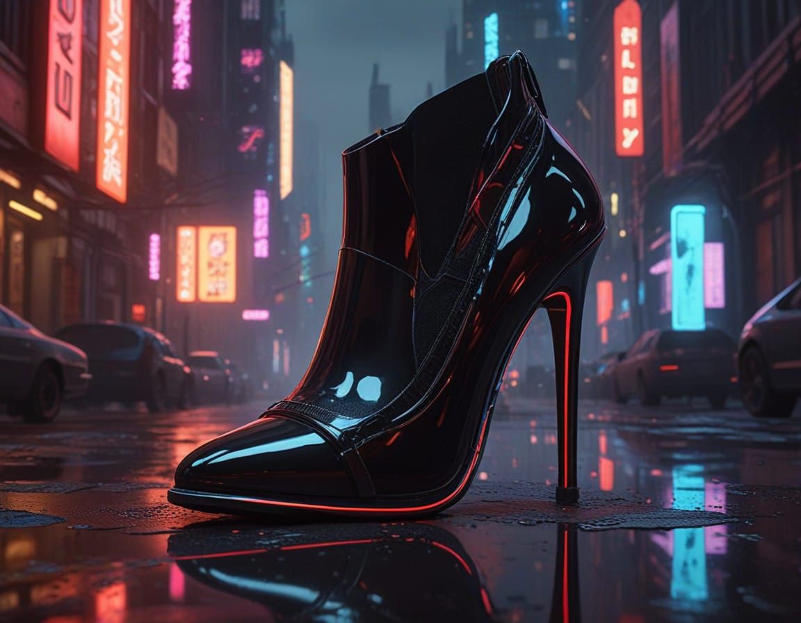 Obsidian Stiletto Heel in Cyberpunk Cityscape