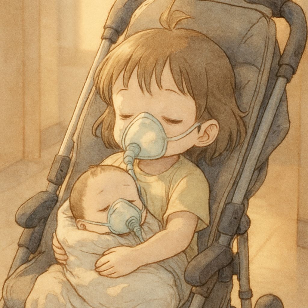Toddler Cradling Baby Sibling in Medical Stroller