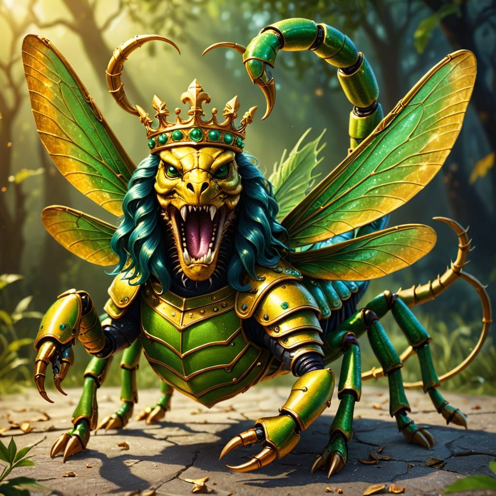 Majestic Scorpion-Horse-Grasshopper Hybrid in Armor, Shimmer...