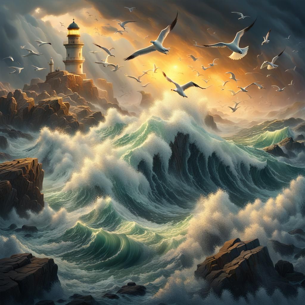 Stormy Sea Crashing on Rocky Shores as Digital Painting