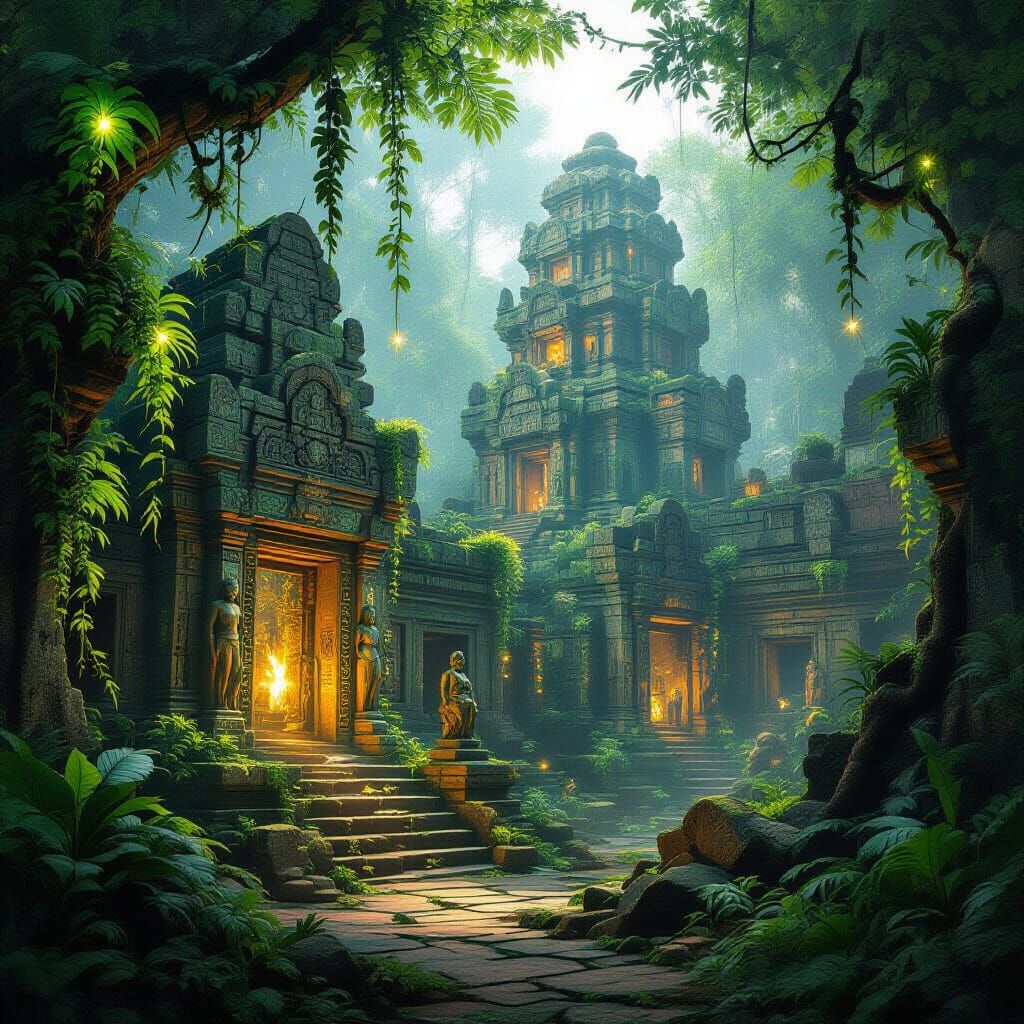 Overgrown Jungle City with Luminescent Ruins