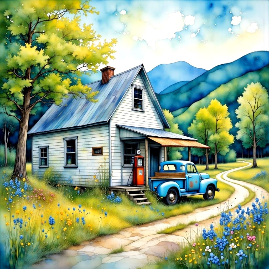 Vibrant Springtime Village Scene in Whimsical Watercolor