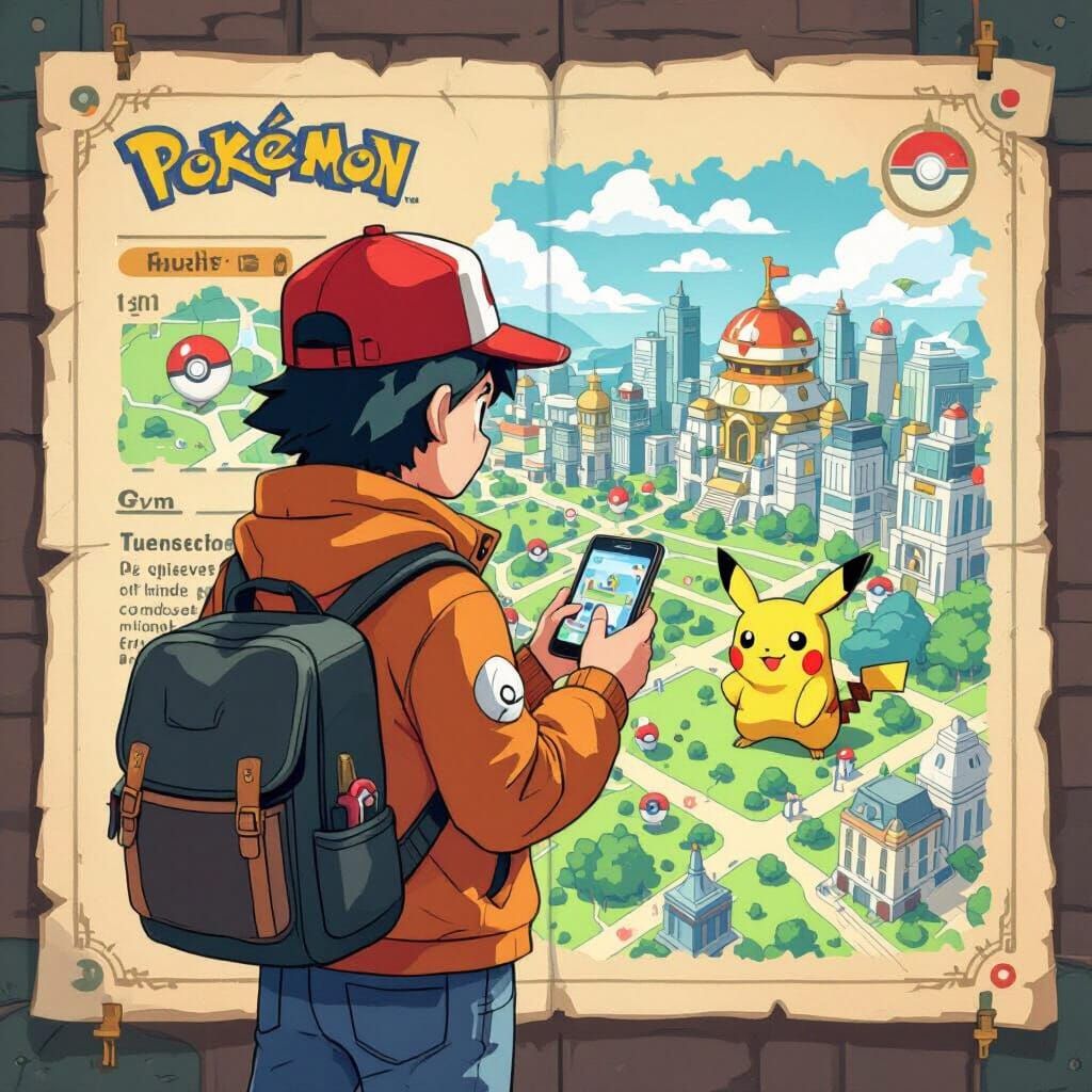 Pokémon Trainer Exploring City Map in Concept Art Style