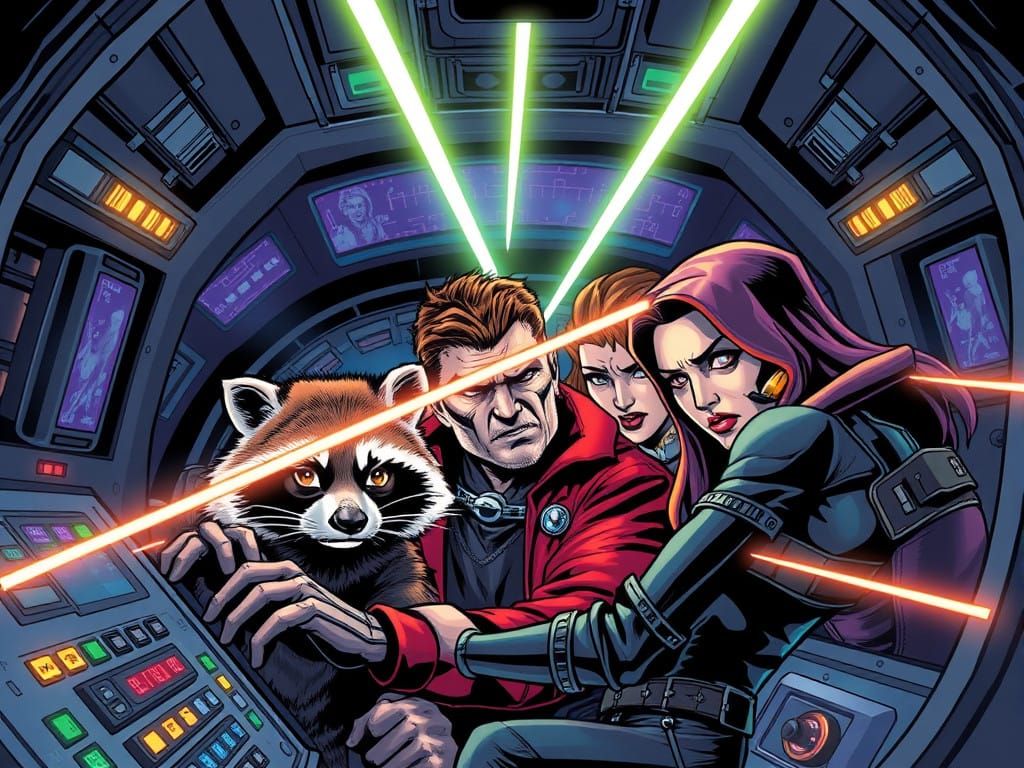 Galactic Heroes Under Fire in a Marvel Comic Book Action Sce...