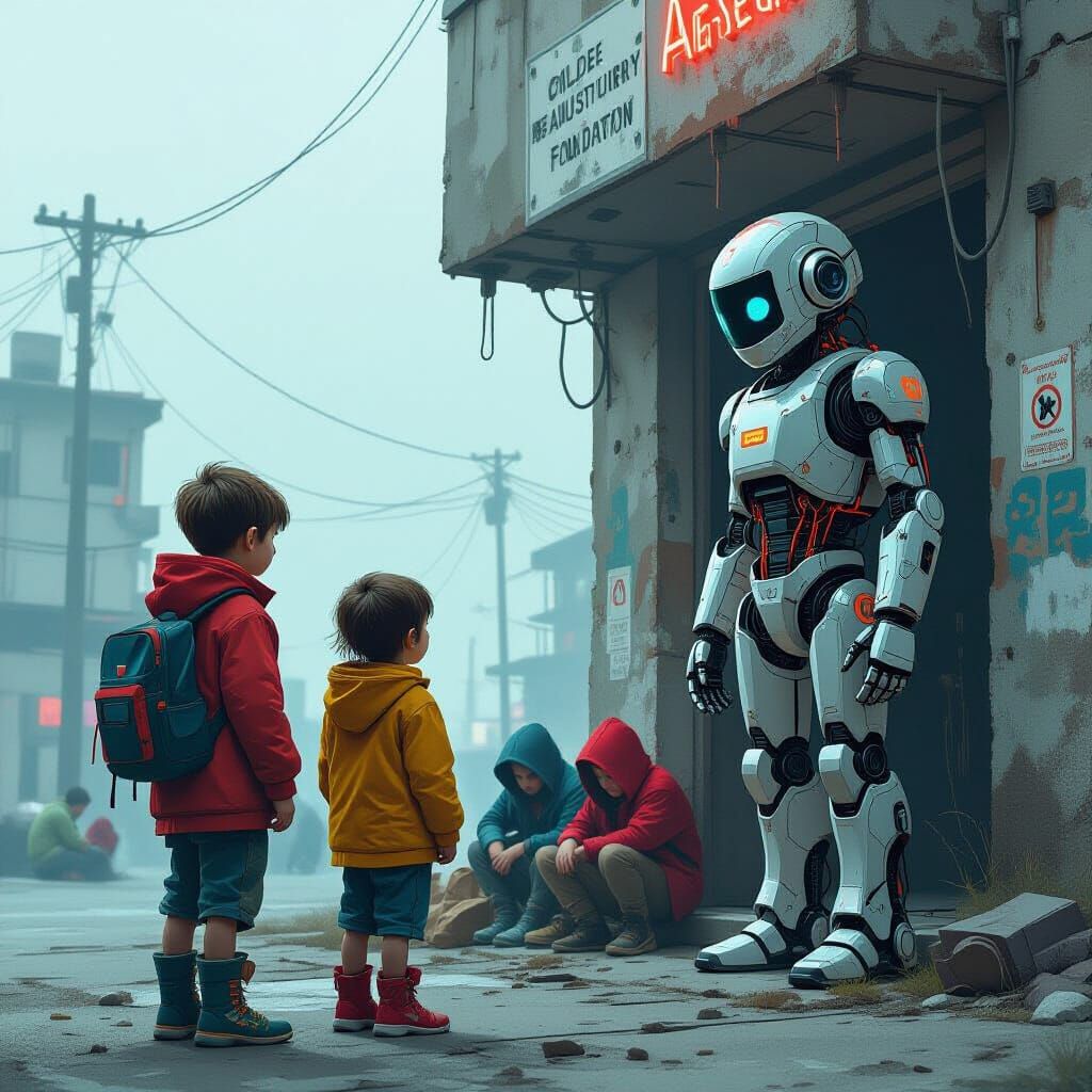 Dystopian Scene: Children, Robot, and Beggars