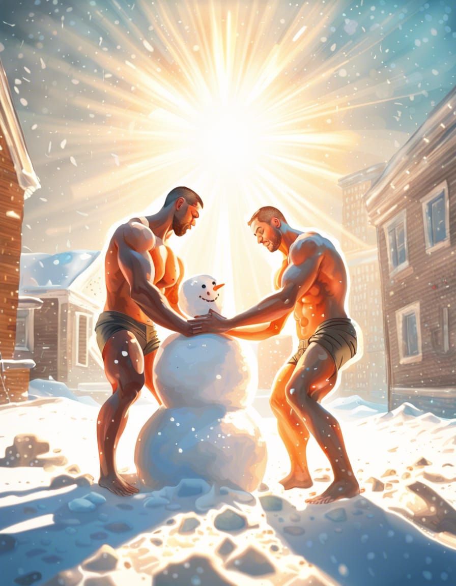 Shirtless Men Building Snowman in Expressionist Style