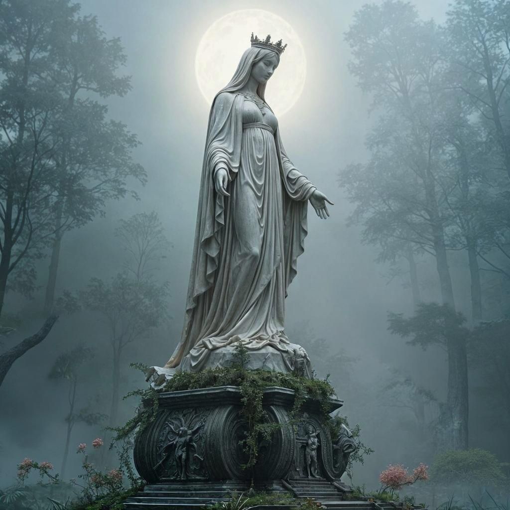 Monochrome Marble Virgin Statue in Dark Mist
