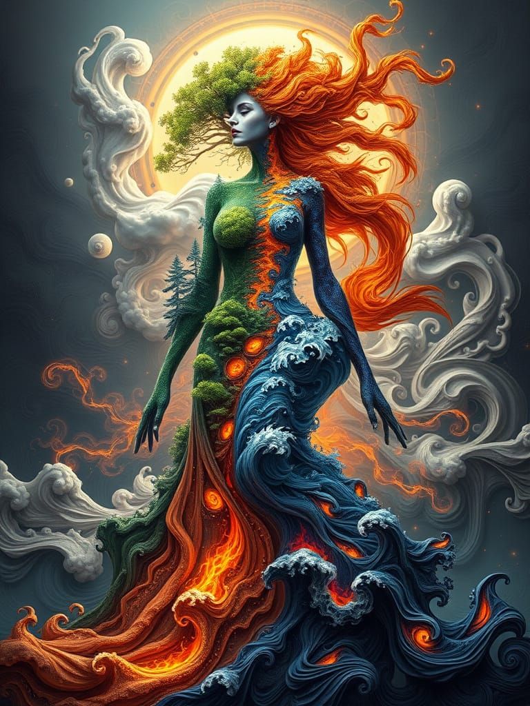Elemental Goddess in Futuristic Landscape