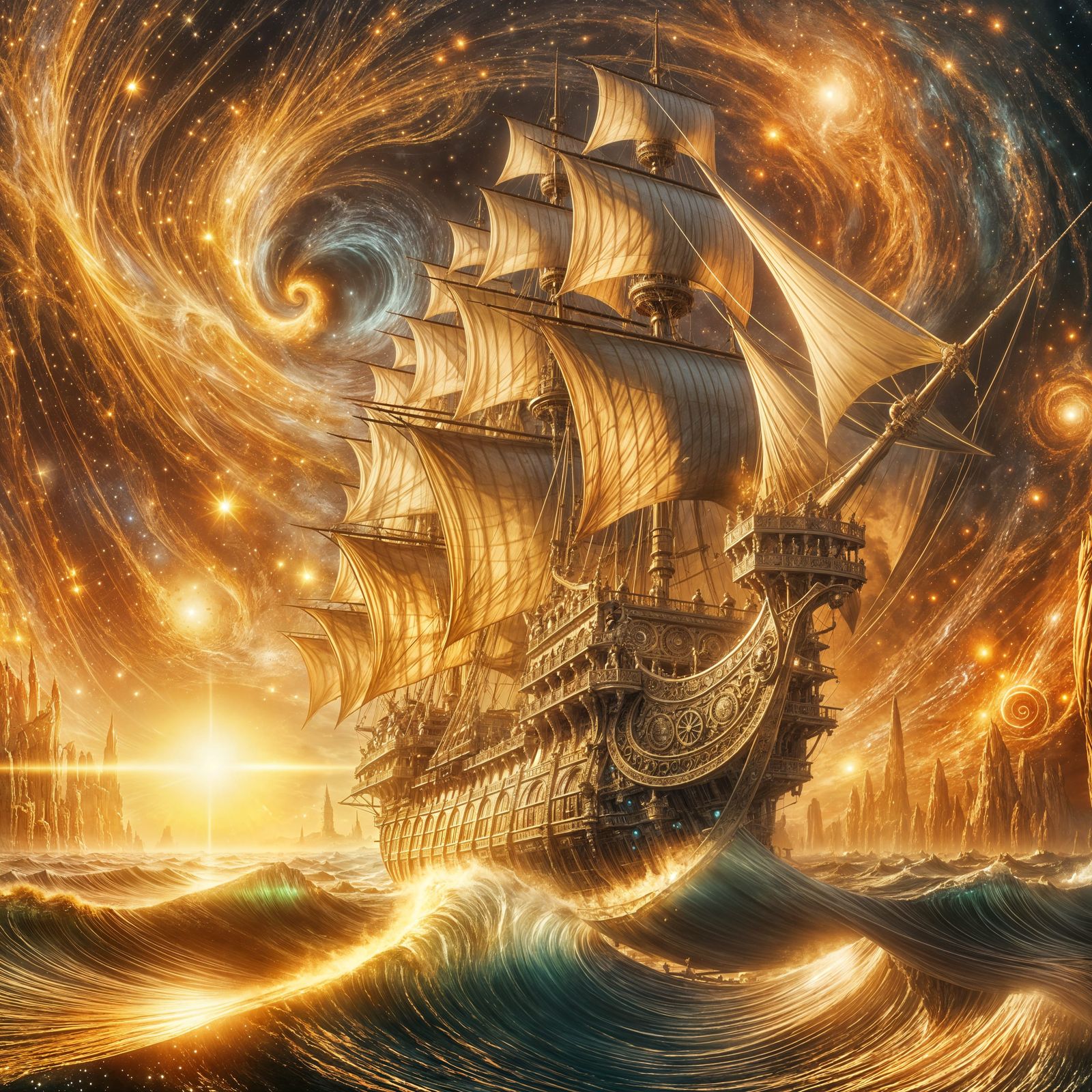 Golden Galleon Sailing Through Celestial Nebulae