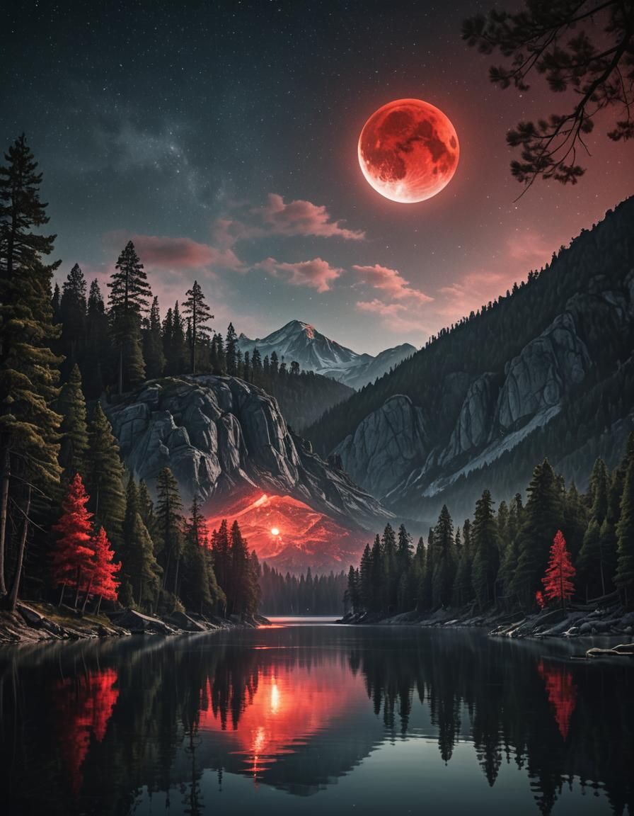 Eerie Blood Moon Over Mountain Lake: Matte Painting
