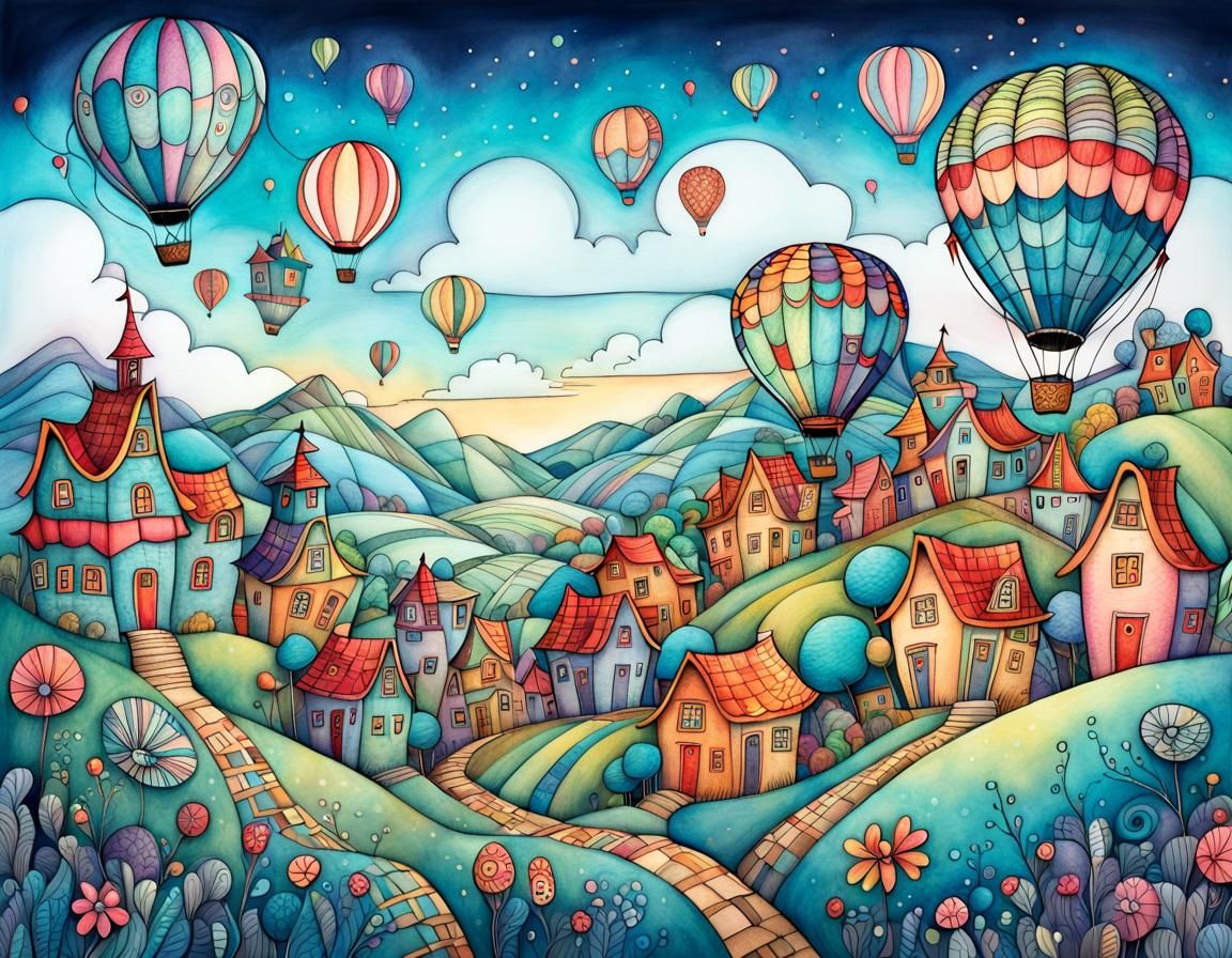 Whimsical Hot Air Balloons Over Happy Village