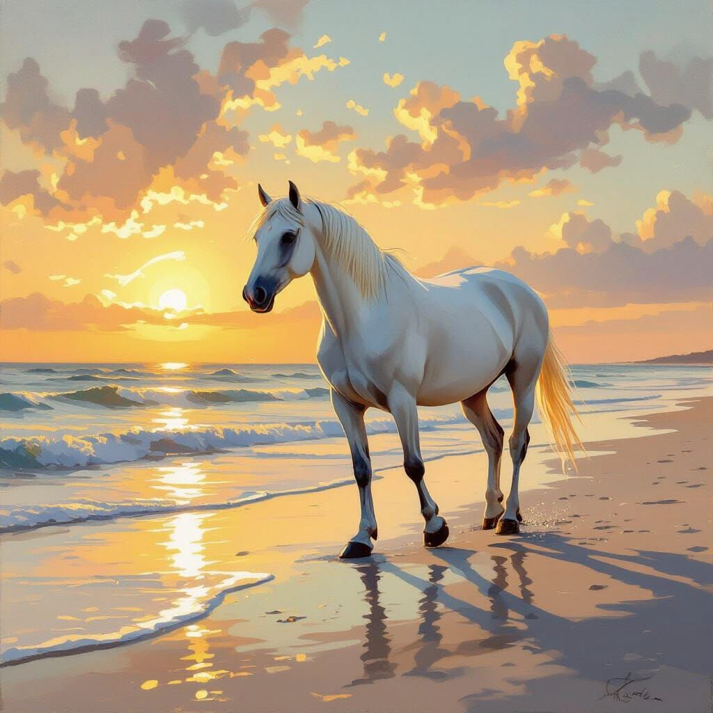 Majestic White Horse on Sun-Drenched Beach