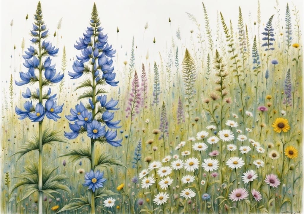 Delphinium and Monkshood in Whimsical Illustration Style