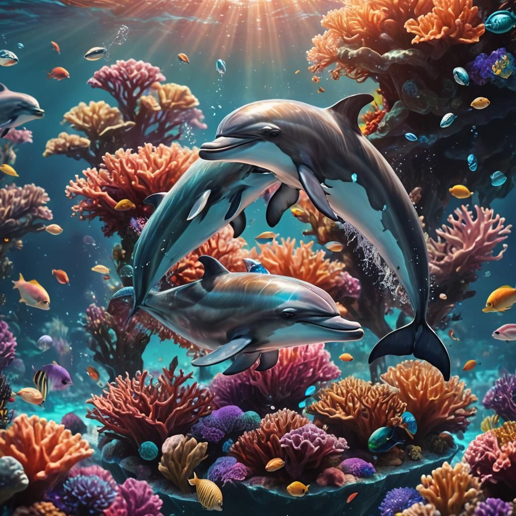 Baby Dolphins Playing in a Vibrant Coral Reef