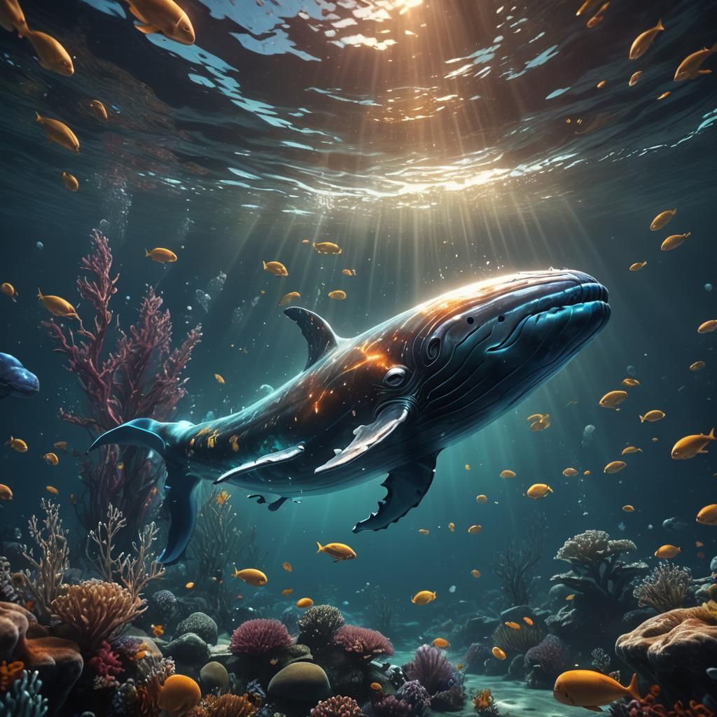 Glowing Glass Whale Swimming in the Ocean