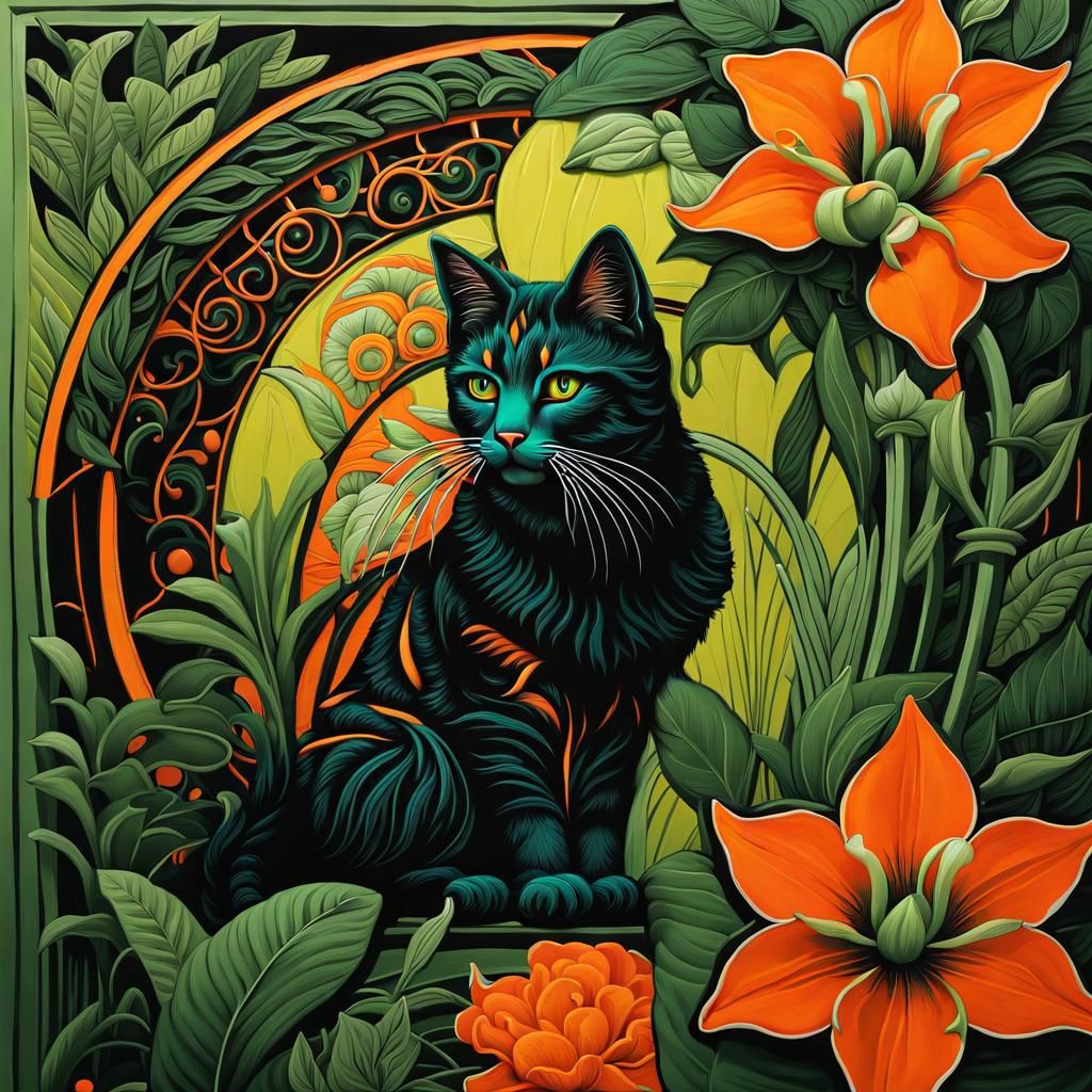 Sleepy Kitty Among Orange Flowers in Art Nouveau
