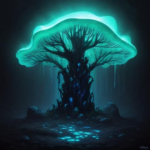 Bioluminescent Fungi in Abandoned Cave: Oil Painting