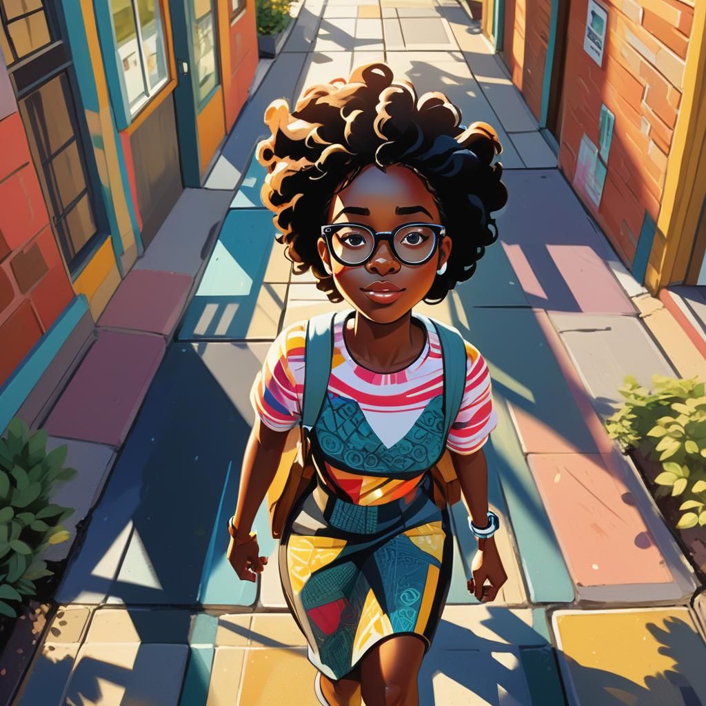 Colorful Caricature of a Black Girl Walking Down a Walkway w...