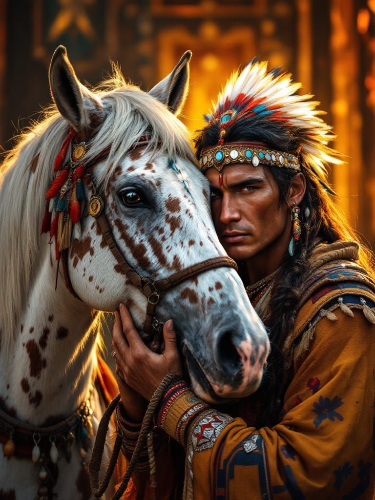 Native American Warrior and Appaloosa Horse in Sacred Bond