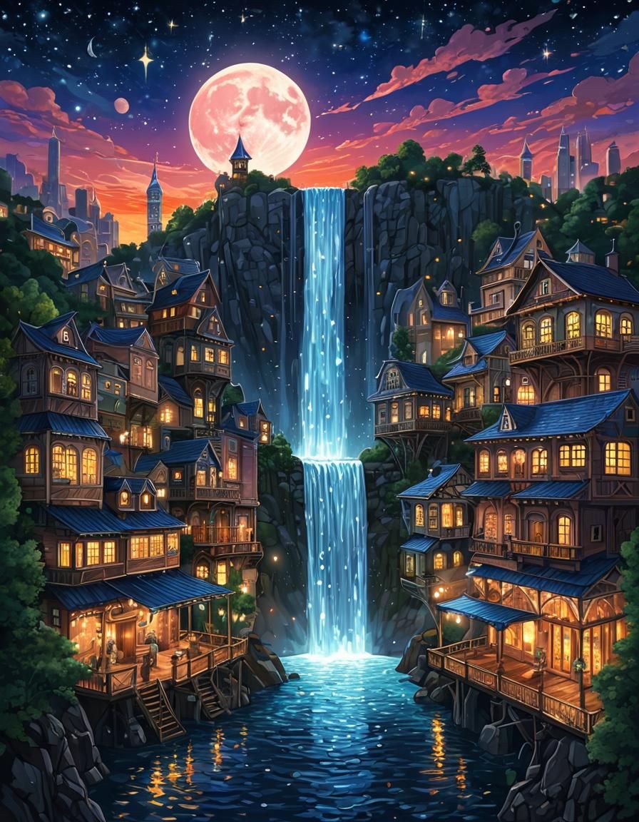 Prismatic Waterfall City Under Supermoon