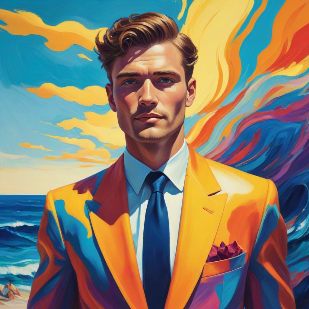 Vibrant Fauvist Scene of a Dapper Man in Oceanic Radiance