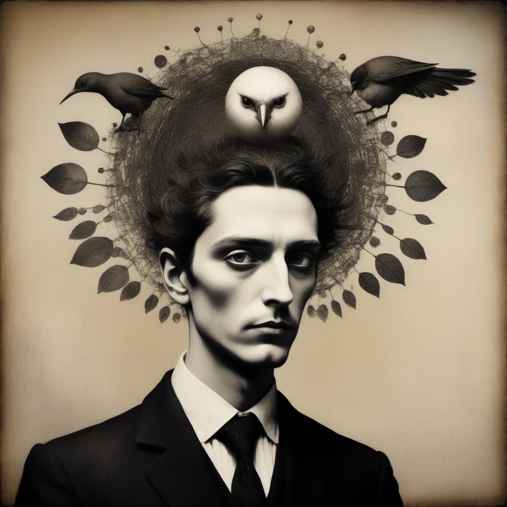 Biopunk Man with Bird, Photocopy Screenprint Style