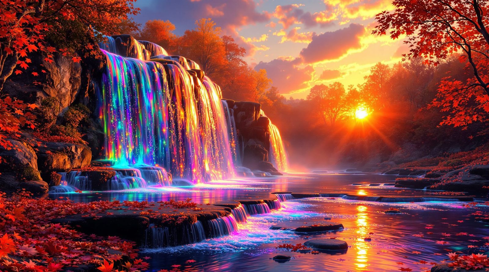 Detailed Autumn Waterfall at Sunset in Pointillism Style