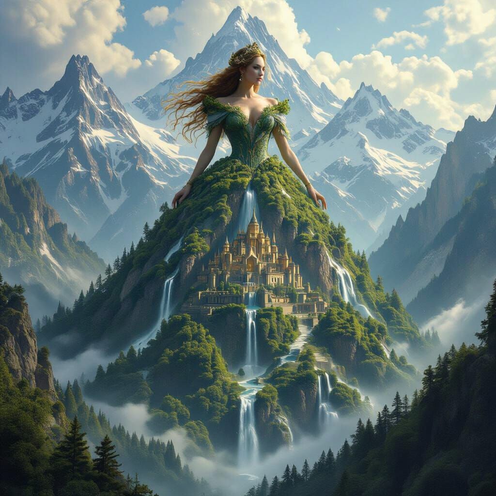 A colossal female figure with a mountain range forming her e...